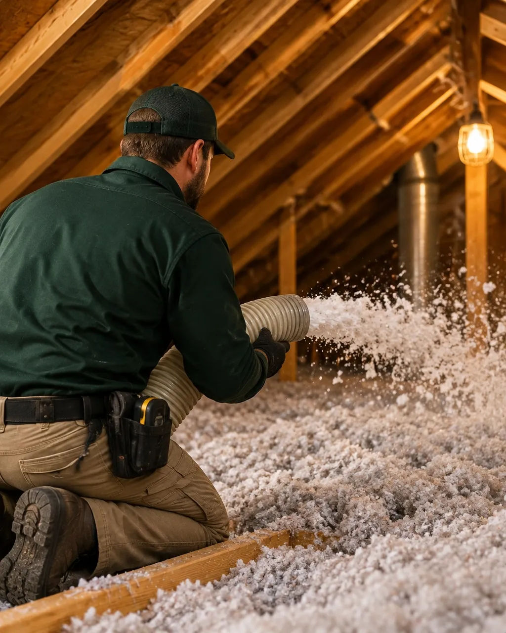 Technician installing insulation in a home attic